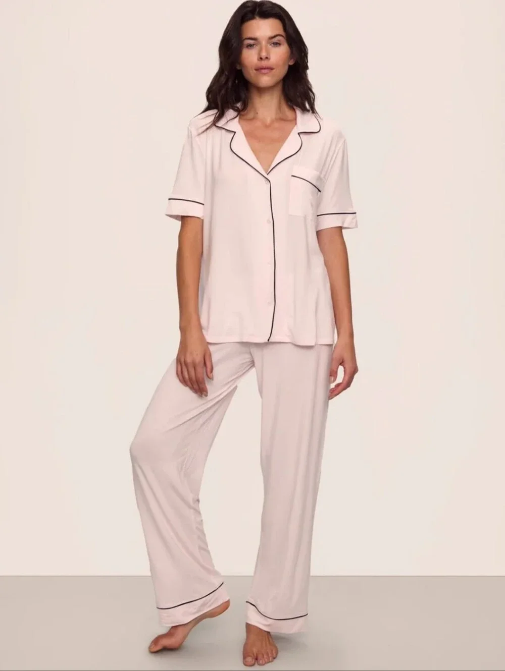 Eberjey Giselle Tencel Modal Short Sleeve Top And Pant PJ Set Sorbet Pink Black